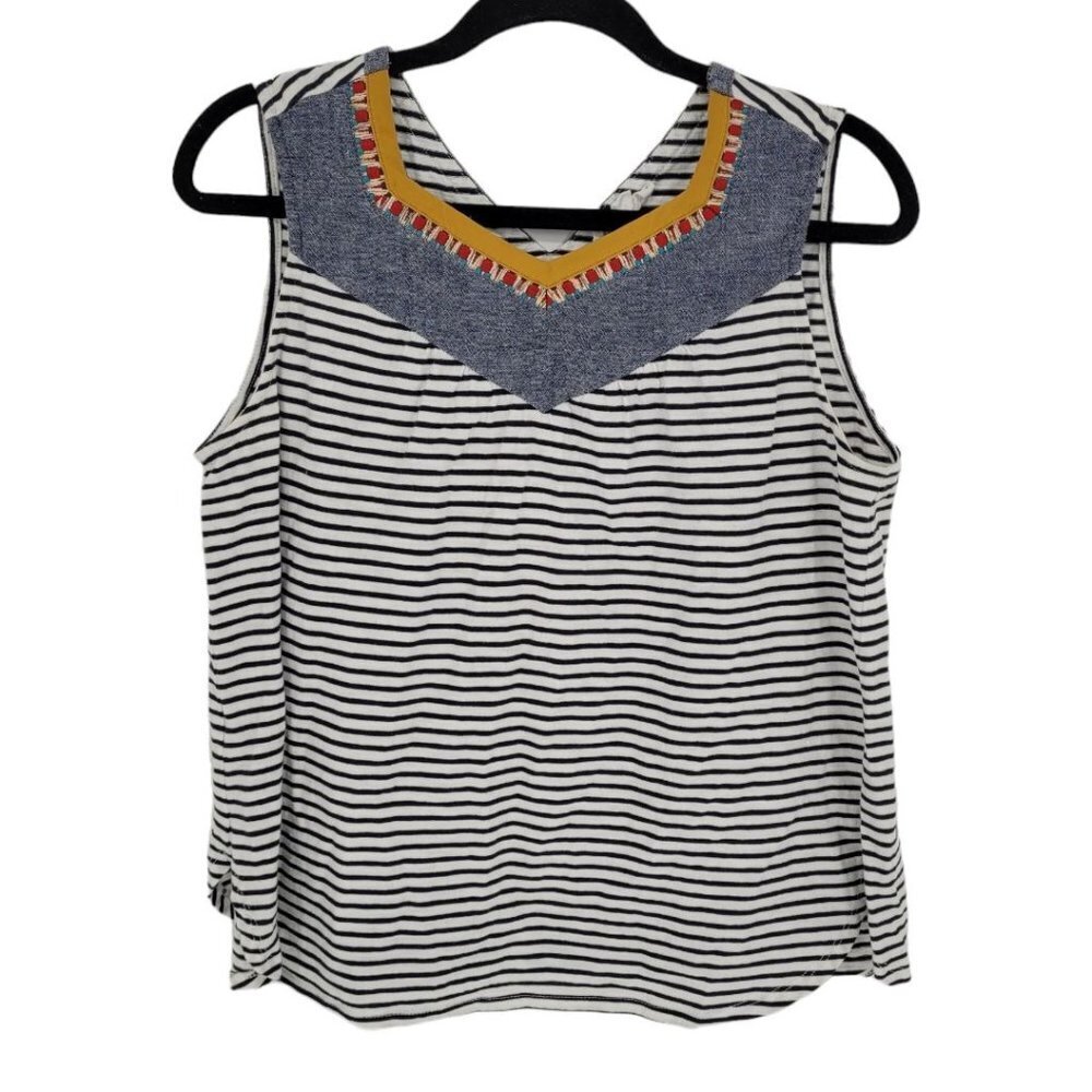 THML womens large blue white stripe sleeveless embroidered v neck line cotton